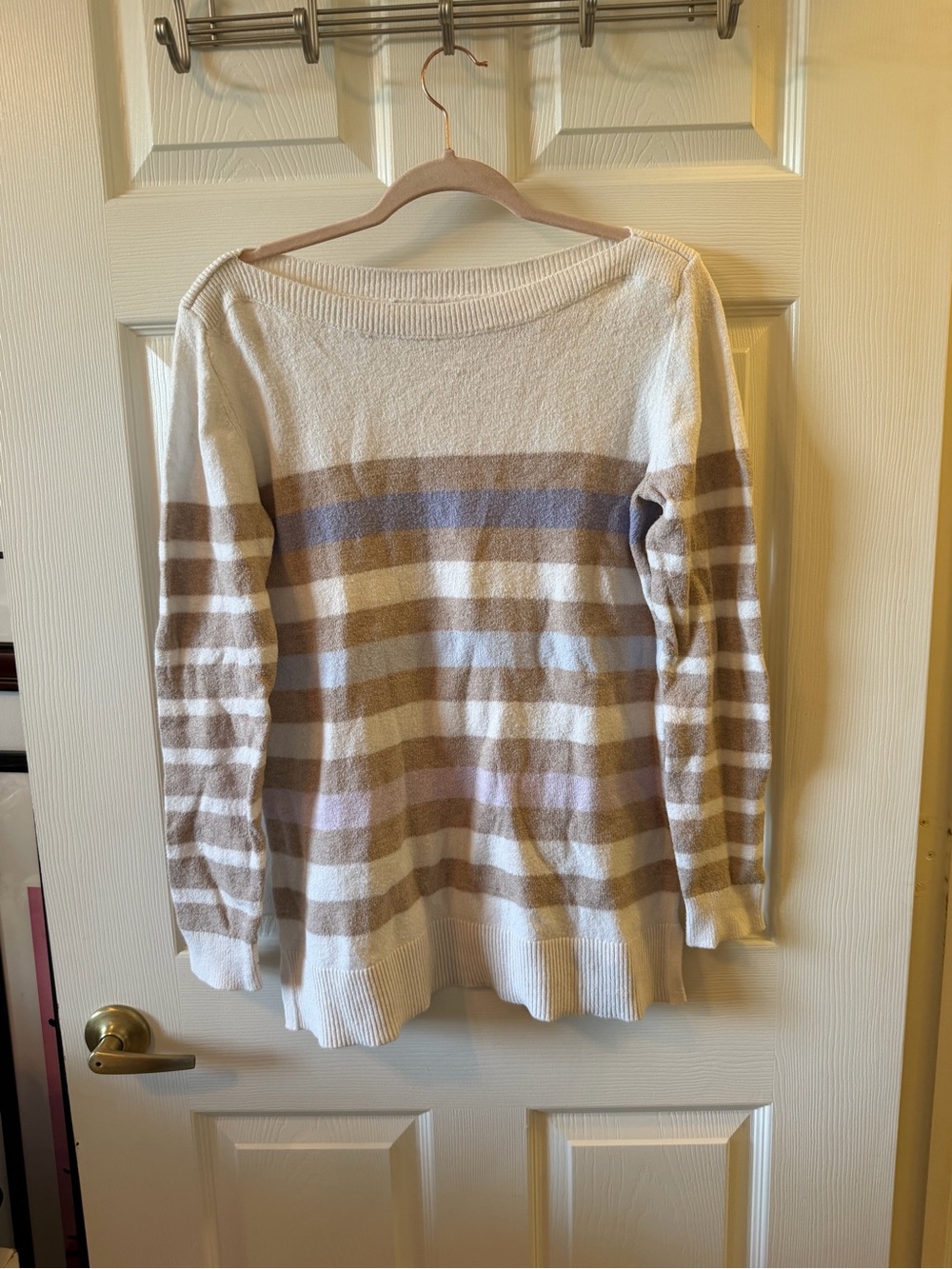 LOFT Striped Off-the-Shoulder Sweater in Cream, Taupe and Light Blue